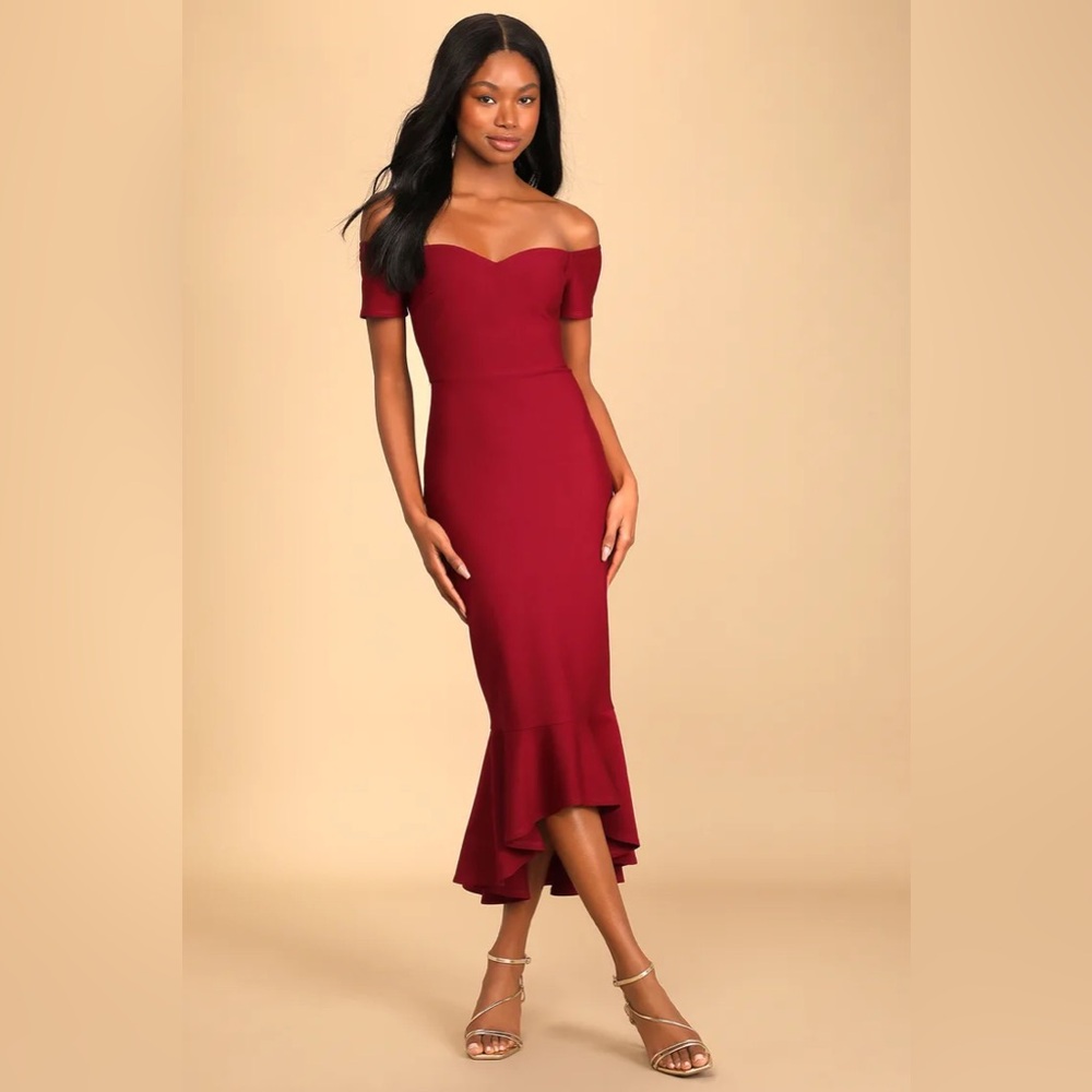 Lulus How Much I Care Wine Red Off-the-Shoulder Midi Dress
